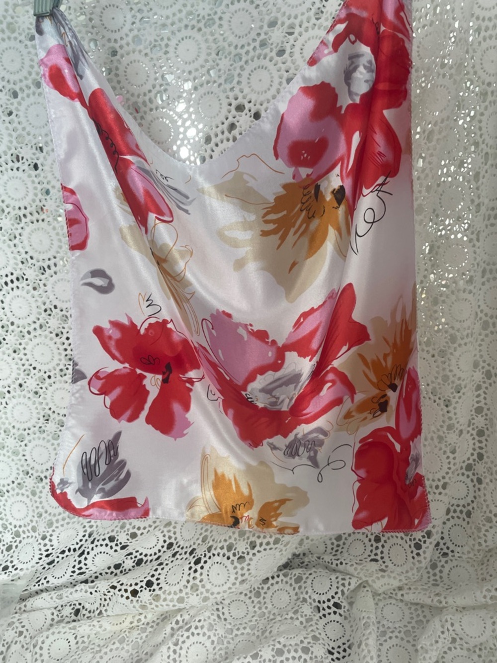 Floral Satin Scarf Pink & Red Floral 20 x 20 versatile use